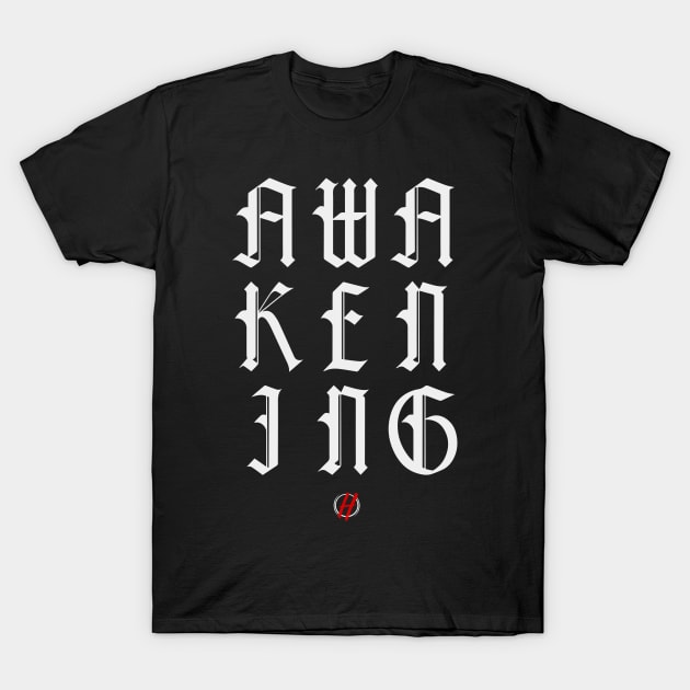 Awakening White Logo Cursive T-Shirt by HarvestVA